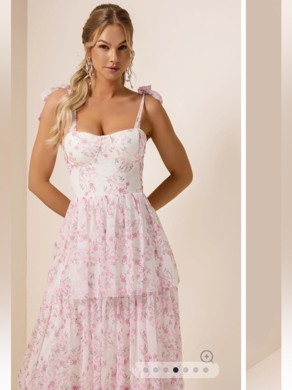 JardinVue Floral Lace Up Ruffle Maxi Dress